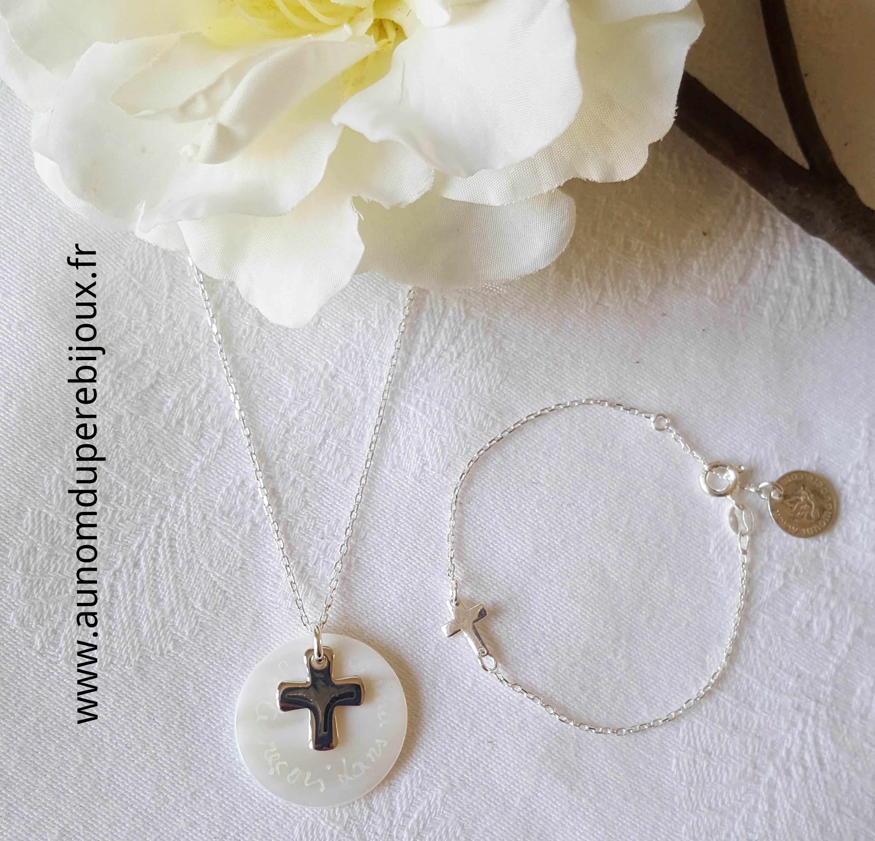 Croix En Argent Massif Ensemble Collier De Communion Et Bracelet