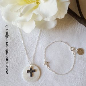 Ensemble collier de Communion et bracelet Croix en argent massif sur chaîne fine