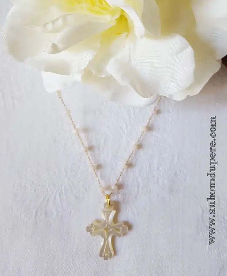 Collier Chapelet Catholique Perles Cristal Bleu – Rosaire Crucifix Argent, Chaîne 70 Cm, Bijou Prière Élégant