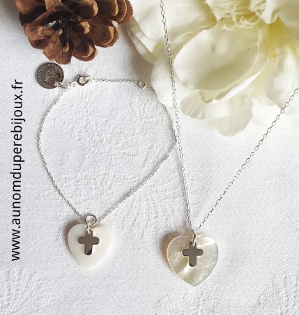 Ensemble collier et bracelet coeur et croix (sur chaîne en argent 925
