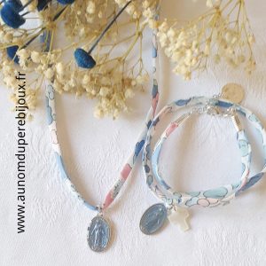Ensemble Bracelet double tour Médaille miraculeuse et mini Croix et Collier Médaille miraculeuse assorti
