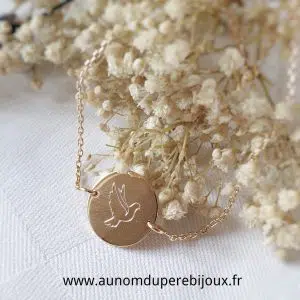 Bracelet médaille plate de la Colombe (argent 925 ou plaqué or)