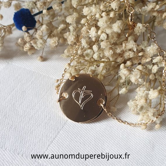 Bracelet médaille plate du Coeur Sacré de Charles de Foucauld - sur chaîne ou sur cordon fin (médaille en argent ou en plaqué or)