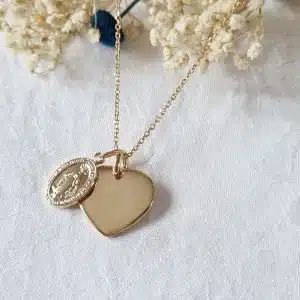 Collier Médaille Miraculeuse et Coeur (plaqué or ou argent massif)