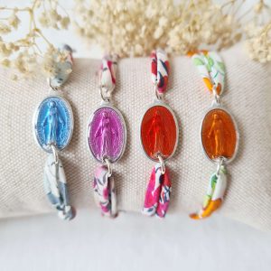 Bracelet médaille miaculeuse émaillée montée sur cordon Liberty