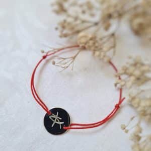 Bracelet médaille plate en argent massif Ictus et Croix (sur cordon élastique rouge)