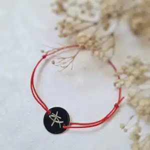 Bracelet médaille plate en argent massif Ictus et Croix (sur cordon élastique rouge)