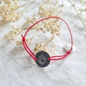 Bracelet médaille plate 15 mm en argent massif avec double coeurs sacrés de Jésus et Marie ou coeur vendéen (sur cordon)