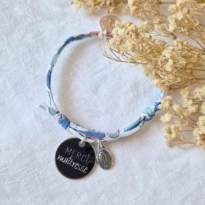 Bracelet Merci Maîtresse sur cordon Liberty, avec mini médaille miraculeuse assortie