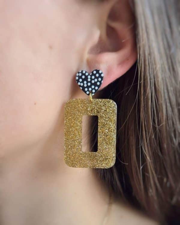 Boucles d'oreilles Roxane doré (attaches coeur noir à pois blancs)