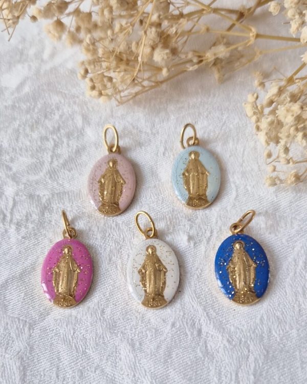 Collier Médaille Miraculeuse pailletée - Au Nom du Père Bijoux ♥ Croix d'enfants (choix des médaille pailletées)