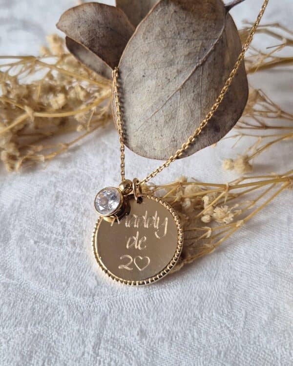 Collier Mes Amours médaille perlée et zirconium